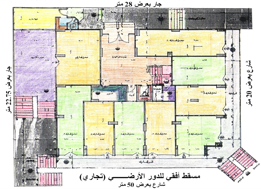 مسقط أفق للطابق الأرضي - محلات وسكن خلفي